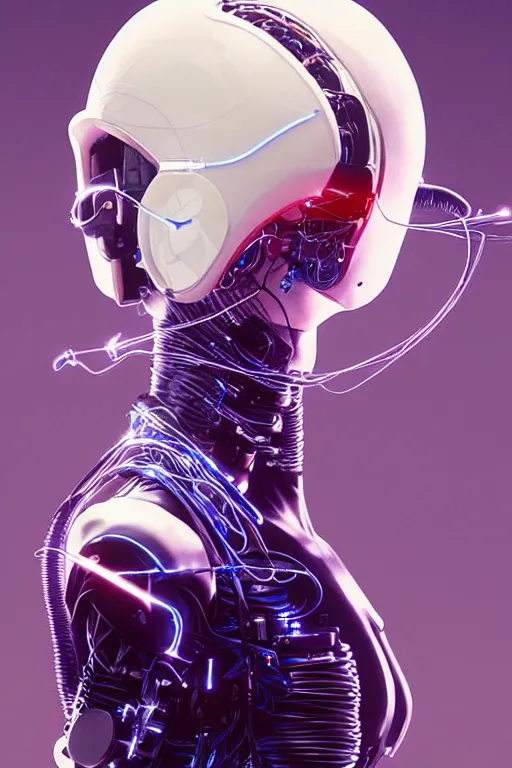 Prompt: A beautiful woman wearing a cybernetic helmet with many wires plugged into it and her body, by Moebius and Beeple