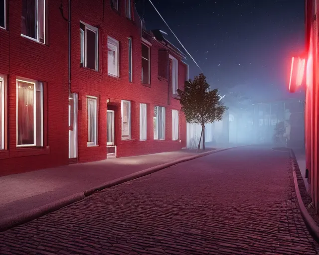 Prompt: view of a moonlit street in de rosse buurt, a window with a red light containing an nvidia gpu in a miniskirt, photorealistic atmospheric sensual lighting