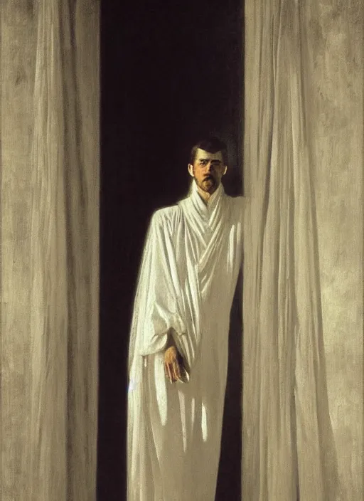 Image similar to an oil painting of a tall person in flowing white robes wearing a white venetian carnival mask standing in a gloomy dark room with hazy sunlight streaming through the window, in the style of john singer sargent, greg rutkowski, maxfield parrish and alphonse mucha