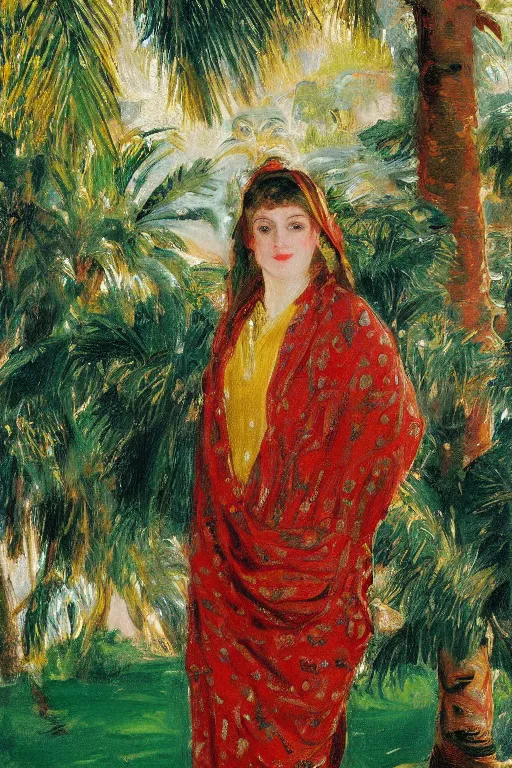 Image similar to a girl with arabesque red and green and golden detailed scarf set on a detailed persian carpet, tree palms in background, painting by john singer sargent