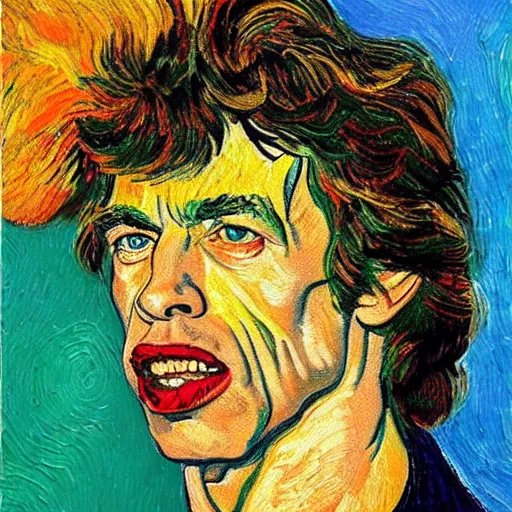 Image similar to an artistic portrait of mick jagger, smiling, high quality, studio photography, colorful, hero, heroic, beautiful, in the style of vincent van gogh