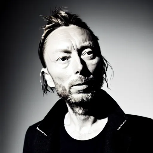 Image similar to Thom Yorke, a man with a beard and a black jacket, a portrait by John E. Berninger, dribble, neo-expressionism, uhd image, studio portrait, 1990s