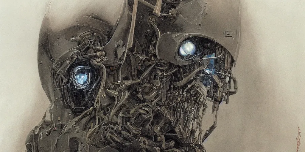 Prompt: a scary painting of robot by alan lee, trending on artstation