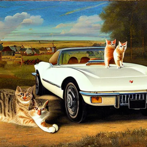 Image similar to corvette with cats sitting in and on the car, old dutch painting, golden hour, shadows, wide shot