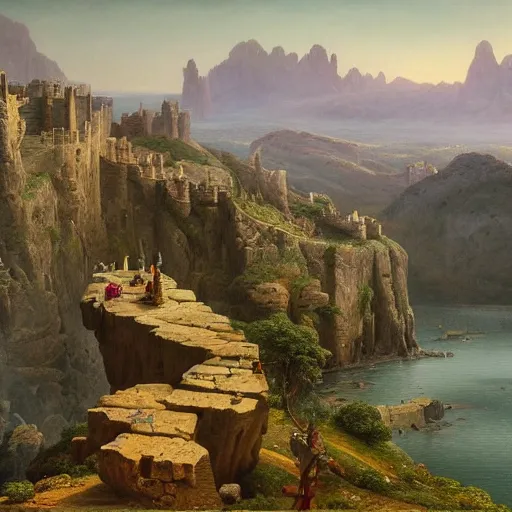 Prompt: a beautiful and highly detailed matte painting of a colorful yet humble english fort built of large stones in the distance high in the most epic mountains ever, intricate details, epic scale, insanely complex, 8 k, sharp focus, hyperrealism, very realistic, by caspar friedrich, greg rutowski, james gurney, hudson river school