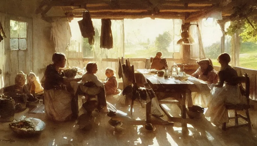 Image similar to simple villager family about to eat a meal together in their beautiful simple cottage home, art by anders zorn, wonderful masterpiece by greg rutkowski, beautiful cinematic light, american romanticism thomas lawrence, greg rutkowski