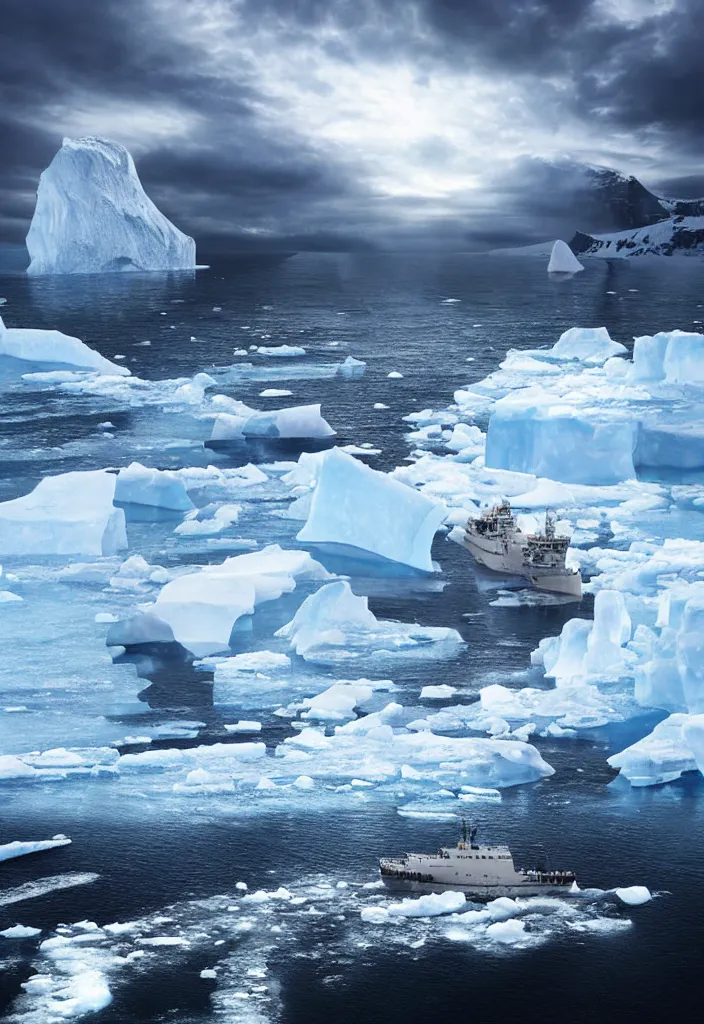 Image similar to ship being persecuted by a police ship over raging turbulent waters in antartica, icebergs in the background, hyper realistic, highly detailed, digital art, apocalyptic, intimidating lighting, raytracing, sharp focus, smooth, romanticism