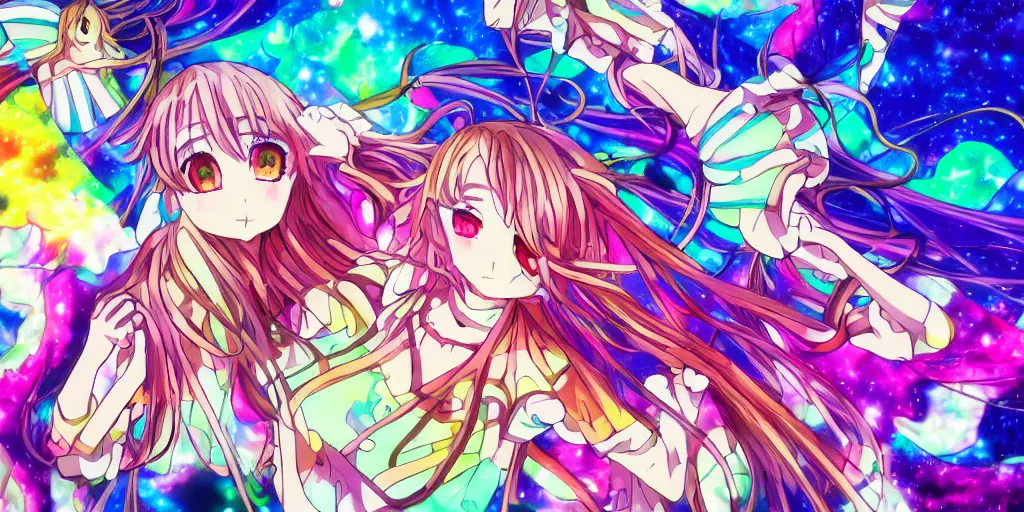 Prompt: Dreamy psychedelic anime, extremely colorful, geometric, Madoka witch labyrinth, patchwork, photoshop, HDR, 4k, 8k, abstract, two anime girls standing within two raging colorful vortexes, detailed and cute faces on the anime girls