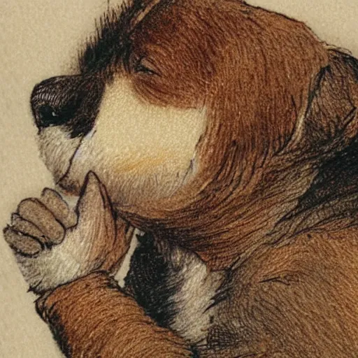 Image similar to closeup candid portrait of jack russel thinking, resting head on paw, illustrated by peggy fortnum and beatrix potter and sir john tenniel