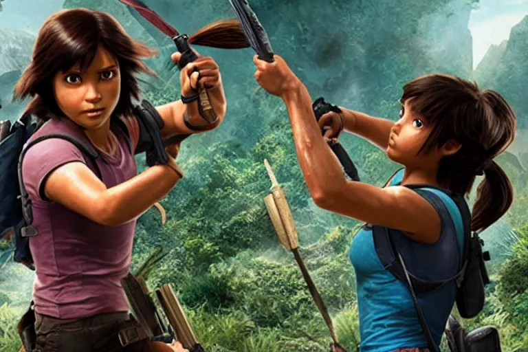 Image similar to Dora the Explorer vs Lara Croft, film by Michael Bay