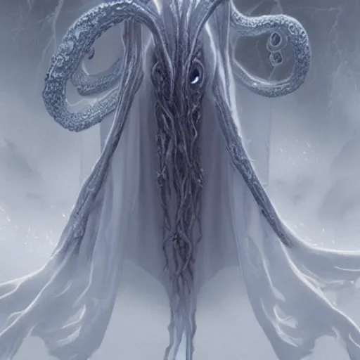 Image similar to concept designs for an ethereal ghostly wraith like figure with a squid like parasite latched onto its head and long tentacle arms that flow lazily but gracefully at its sides like a cloak while it floats around a frozen rocky tundra in the snow searching for lost souls and that hides amongst the shadows in the trees, this character has hydrokinesis and electrokinesis for the resident evil village video game franchise with inspiration from the franchise Bloodborne and the mind flayer from stranger things on netflix