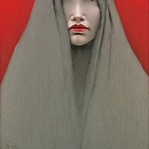 Prompt: portrait of pale white young girl in old red dress with black dark short hairs by Beksinski