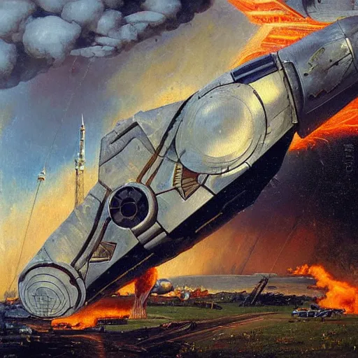 Prompt: a greek spaceship, stuck in the ground, the spaceship is on fire, smoke, rainstorm, lightning, angry, kinetic, adolphe bouguereaum, norman rockwell, trending on artstation, highly detailed oil painting,