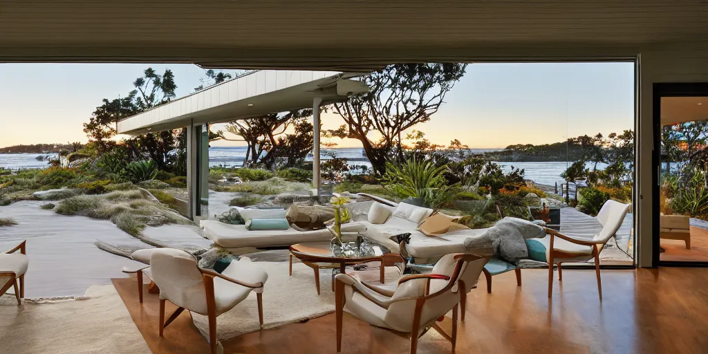 Prompt: a mid-century Eichler Home on a beach at sunset with view of the ocean in the style of sunset magazine and dwell magazine. Highly detailed, photorealistic, 8k 35mm, award winning architecture photography