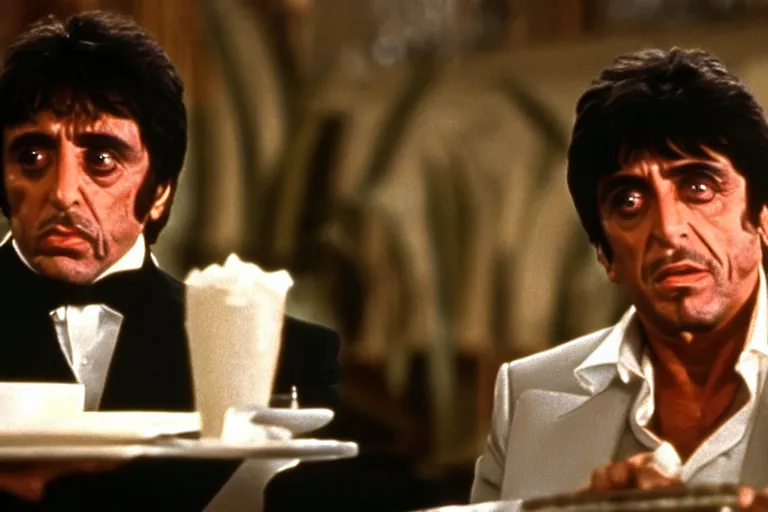 Image similar to tony montana from movie scarface 1 9 8 3 sitting behind a big black oak table with big large packages of flour. al pacino. perfect symmetric face, coherent eyes, ron cobb, fine details, 4 k. last scene from scarface movie, bokeh