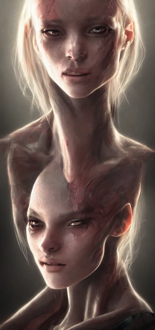 Image similar to realistic detailed portrait of the half alien women, dynamic lighting, photorealistic fantasy concept art, trending on art station, stunning visuals, creative, cinematic, ultra detailed