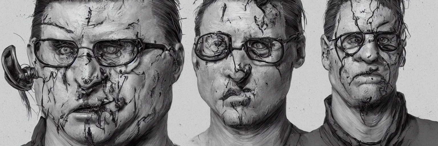 Prompt: character study of mike patton and slipknot face, male, glasses, evil, scary man, character sheet, fine details, concept design, contrast, kim jung gi, greg rutkowski and francis bacon, trending on artstation, 8 k, full body and head, turnaround, front view, back view, ultra wide angle