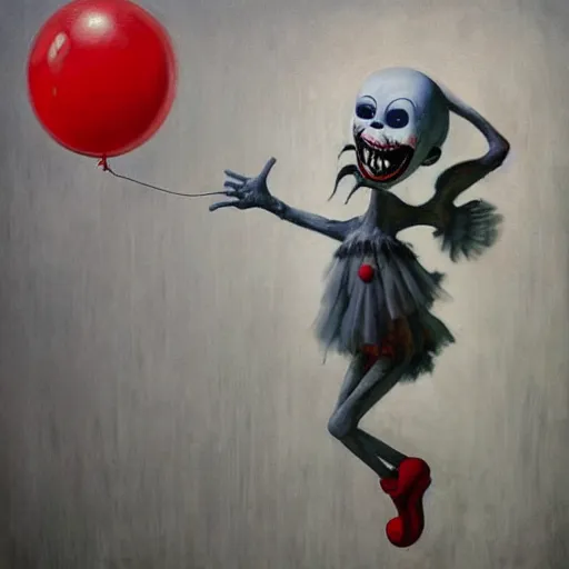 Prompt: grunge painting of elmo with a wide smile and a red balloon by Zdzisław Beksiński, loony toons style, pennywise style, corpse bride style, creepy lighting, horror theme, detailed, elegant, intricate, conceptual, volumetric light