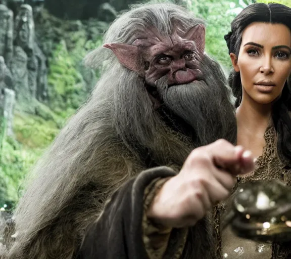 Image similar to a movie still of kim kardashian in the movie the hobbit