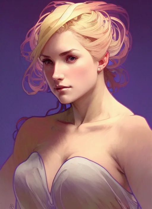 Prompt: digital character concept art by artgerm and greg rutkowski and alphonse mucha. clear portrait of a modern young wife blessed by god to unstoppably grow more perfect and fertile!! blonde, in clothes! holy full - figured! light effect. hyper detailed, glowing lights!! intricate, elegant, digital painting, artstation, smooth, sharp focus