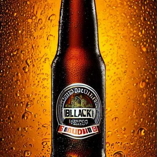 Prompt: photorealistic rendering of cold beer bottle with drops for advertising, blank black label, studio light