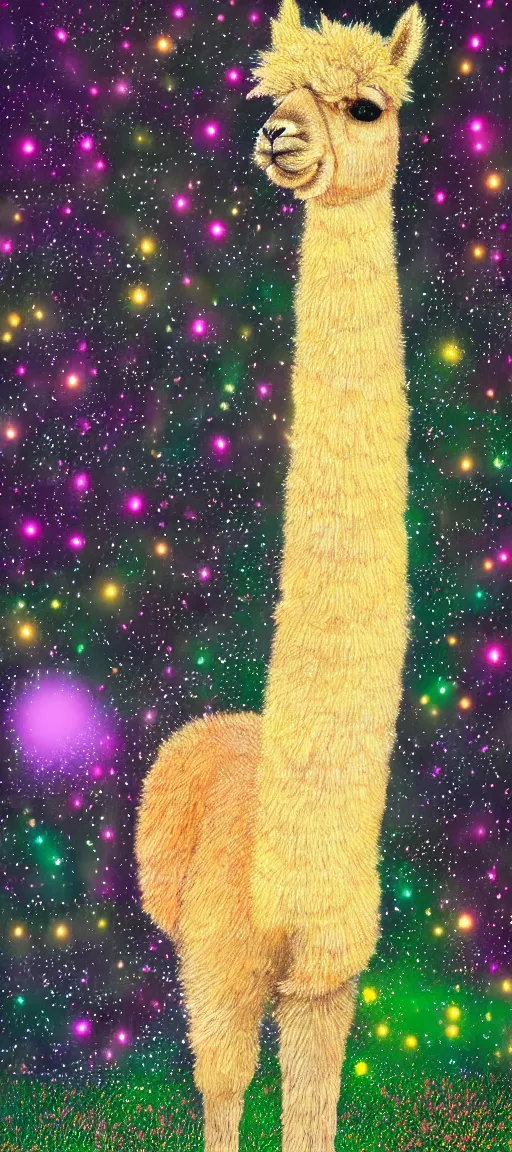 Image similar to digital artwork of an alpaca in the forest of pastel feathers lit by small fireflies at night