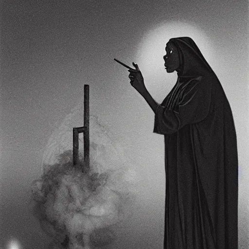 Image similar to a black nun smoking a joint and puffing lots of smoke, by Beksinski, lens flares, minimalistic background