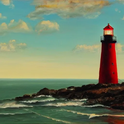 Image similar to an oil painting of a lighthouse overlooking an ocean made of blood, epic