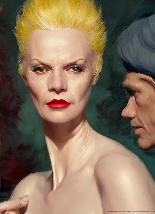 Prompt: upper body and head portrait of 5 0 s scifi thin elegant mature albino woman, bright blue eyes, cinematic, detailed, dynamic, norman rockwell, adebanji alade, everett raymond kinstler, artgerm, daniel gerhartz, greg rutkowski, pulp science fiction illustration