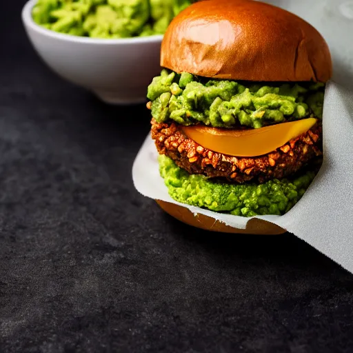 Image similar to juicy vegan hamburger topped with guacamole and crispy fried onion and a fried egg, crispy buns, 8 k resolution, professional food photography, studio lighting, sharp focus, hyper - detailed