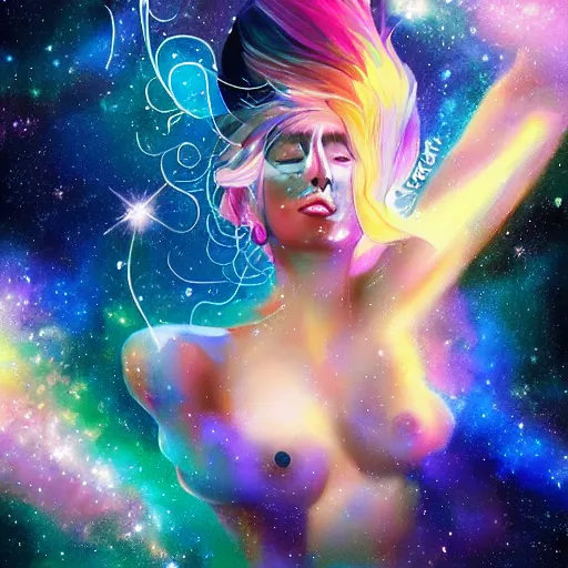 Image similar to lady gaga, korean mythology, galaxies and nebula flowing out of his body, artgerm, psychedelic floral planets, studio ghibli painterly style, trending on artstation