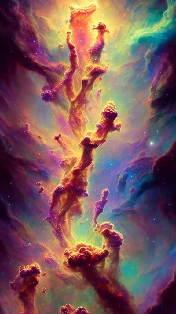 Image similar to psychedelic transcendent puffs! of smoke, space, supernova, nebulae, pillars of creation, enlightenment, high contrast lighting, highly detailed, concept art, art by collier, albert aublet, krenz cushart, artem demura, alphonse mucha