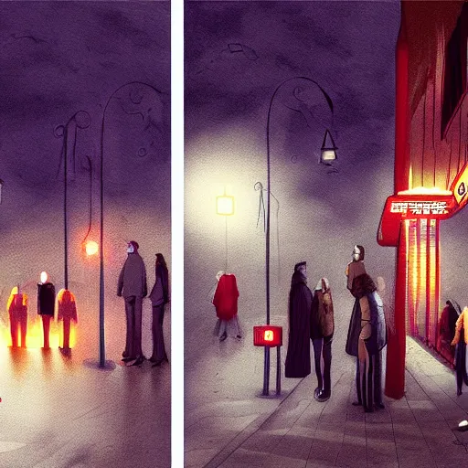 Prompt: some people waiting in bus stop in dark city night, detailed, high quality, high resolution, by deviantart