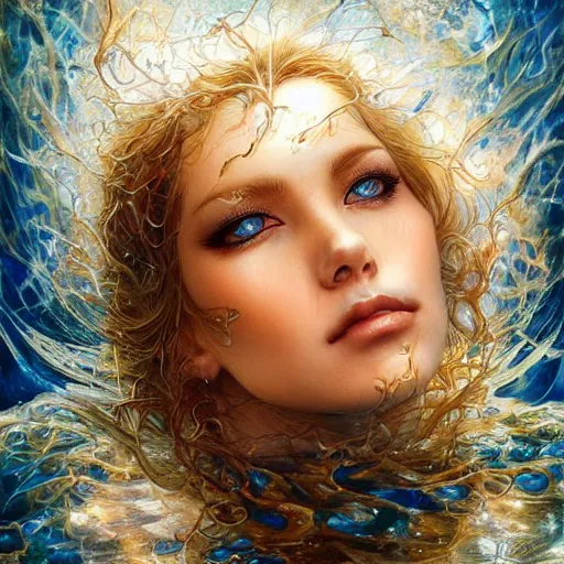 Prompt: a beautiful woman manipulating water by karol bak, ayami kojima, artgerm, river, water, blue eyes, smile, concept art, fantasy