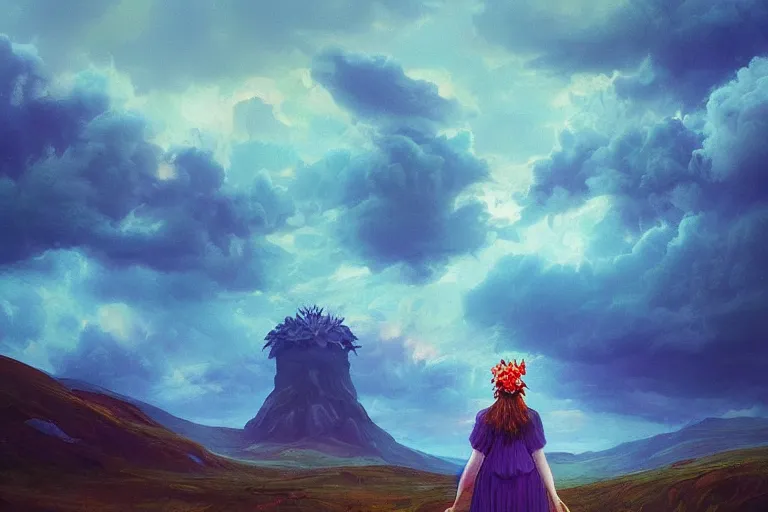 Image similar to giant dahlia flower crown under head, portrait girl on mountain, surreal photography, blue storm clouds, dramatic light, impressionist painting, digital painting, artstation, simon stalenhag