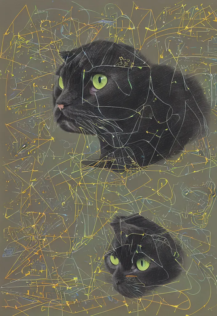 Image similar to wideshot cfa champion dark tortie scottish fold cat, framed in a window, watching a bird, abstract data visualization overlay perfect geometry bezier mathematical diagrams revealing sparrows flight trajectory calculation, detailed annotated painting, dark grisaille fluorescent color airbrush spraypaint accents, by jules julien, wes anderson, hannah af klint, risograph 4 k