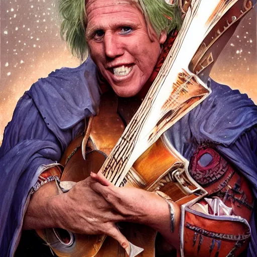 Image similar to detailed photo of a orc bard portrayed by gigachad Gary Busey playing a lute, 8k,by Tristan Eaton, Stanley Artgermm, Tom Bagshaw, Greg Rutkowski, Carne Griffiths, trending on DeviantArt, face enhance, hyper detailed ,full of color, dramatic lightning, epic stance