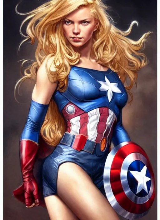 Image similar to toned young april with a mischievous face and extremely long blonde wavy hair dressed as superhero in her early 2 0 s, posing with hands behind back, captain america, tight fit, intricate detailed face, artgerm, greg rutkowski, alphonse mucha