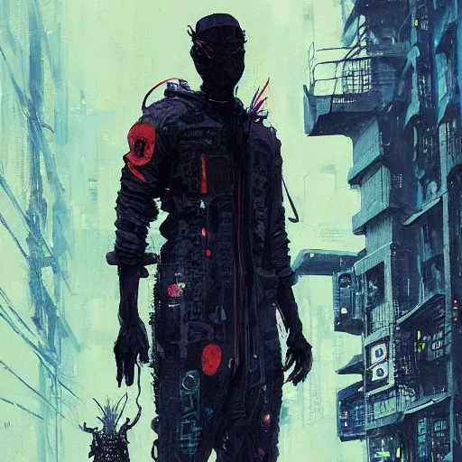 Image similar to a beautiful ukiyo painting of full body african cyberpunk blade runner, dramatic pose, wearing japanese techwear, detailed symmetrical, intricate complexity, concept art, by ismail inceoglu dragan bibin hans thoma greg rutkowski alexandros pyromallis nekro rene maritte illustrated, perfect face, fine details, realistic shaded, fine - face, pretty face