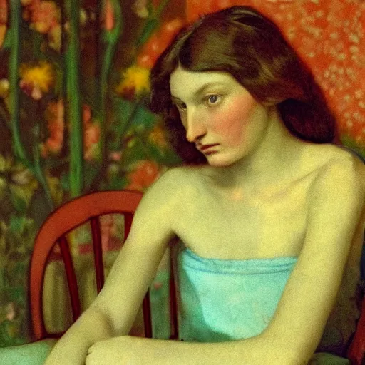 Prompt: close - up of a beautiful flowery girl in a liminal room, film still by wes anderson, depicted by balthus, limited color palette, very intricate, art nouveau, highly detailed, lights by hopper, soft pastel colors, minimalist