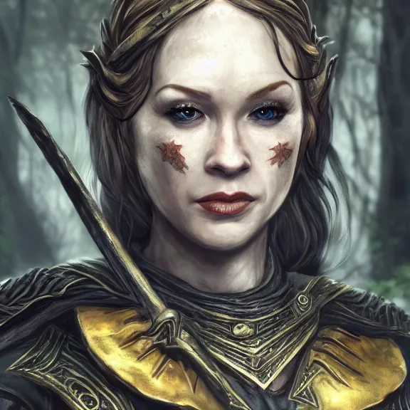 Image similar to photorealistic, christina rene hendricks as a skyrim warrior cosplay character, d & d, fantasy, highly detailed, digital art, trending on artstation, smooth, sharp focus, illustration, art by peter tang and artgem