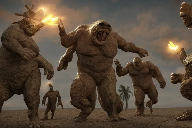 Prompt: photo, friends, man two old hairy fat ugly men! fighting alien monsters 4 0 1 2 9 on a beach, highly detailed, scary, intricate details, volumetric lighting, front view