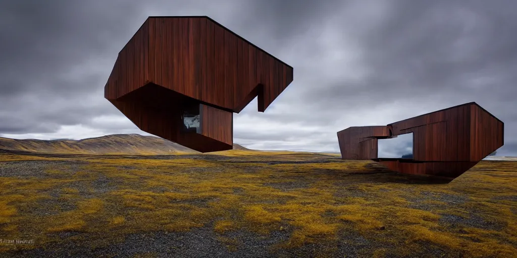 Prompt: futuristic architect house made from deconstucted wood and mirrors, iceland landscape photography, by lurie belegurschi and gunnar freyr