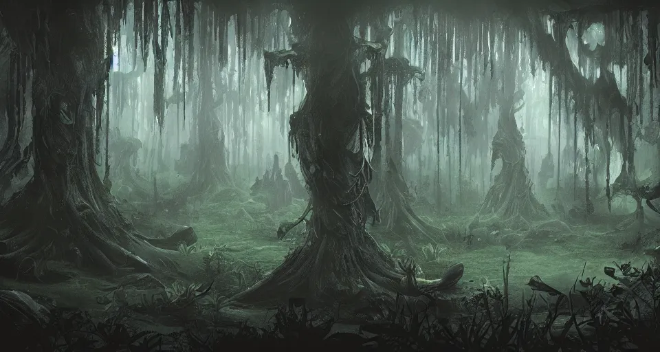 Prompt: A dense and dark enchanted forest with a swamp, by D&D Concept Artists