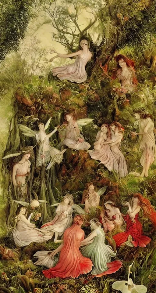 Prompt: a small gathering of fairies wearing beautiful clothing in a dewy mushroom, art by J. A. Fitzgerald, Richard Dadd, Henry Fuseli, beautiful chararacter art, highly detailed, ethereal, beautiful