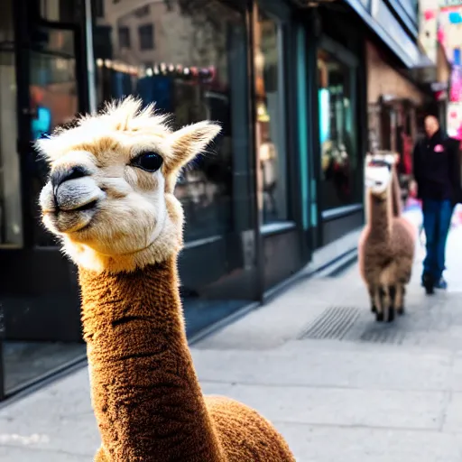 Image similar to <photo hd dslr location='New York City'>Two people in front of a store</photo><photobomb>Alpaca</photobomb>