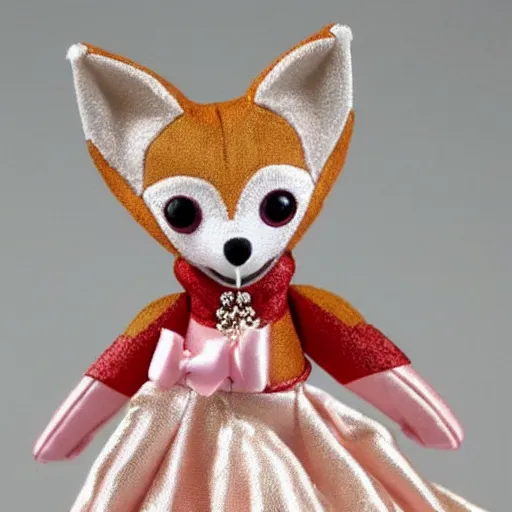 Image similar to a toy fox wearing a beautiful queen dress, highly detailed, exquisite, fabulous