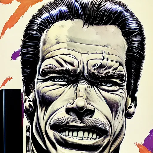 Image similar to portrait of arnold schwarzenegger, excited, symmetrical, by yoichi hatakenaka, masamune shirow, josan gonzales and dan mumford, ayami kojima, takato yamamoto, barclay shaw, karol bak, yukito kishiro