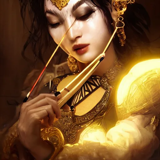 Image similar to the portrait, masked female violinist, exotic costumes, gold jewelry, black hair ， illustration by wenjun lin, irakli nadar, bright colors, octopath traveler, wenjun lin, unreal engine 5 highly rendered, global illumination, radiant light, detailed and intricate environment