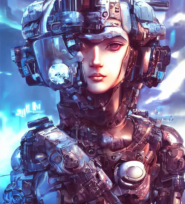 Prompt: hd 3 d rendered graphic novel video game portrait of a cute young cyborg soldier girl complicated synaptic particles angelic deity demon future downtown in ishikawa ken miura kentaro gantz frank miller jim lee alex ross vaporwave technoir style detailed trending award winning on flickr artstation